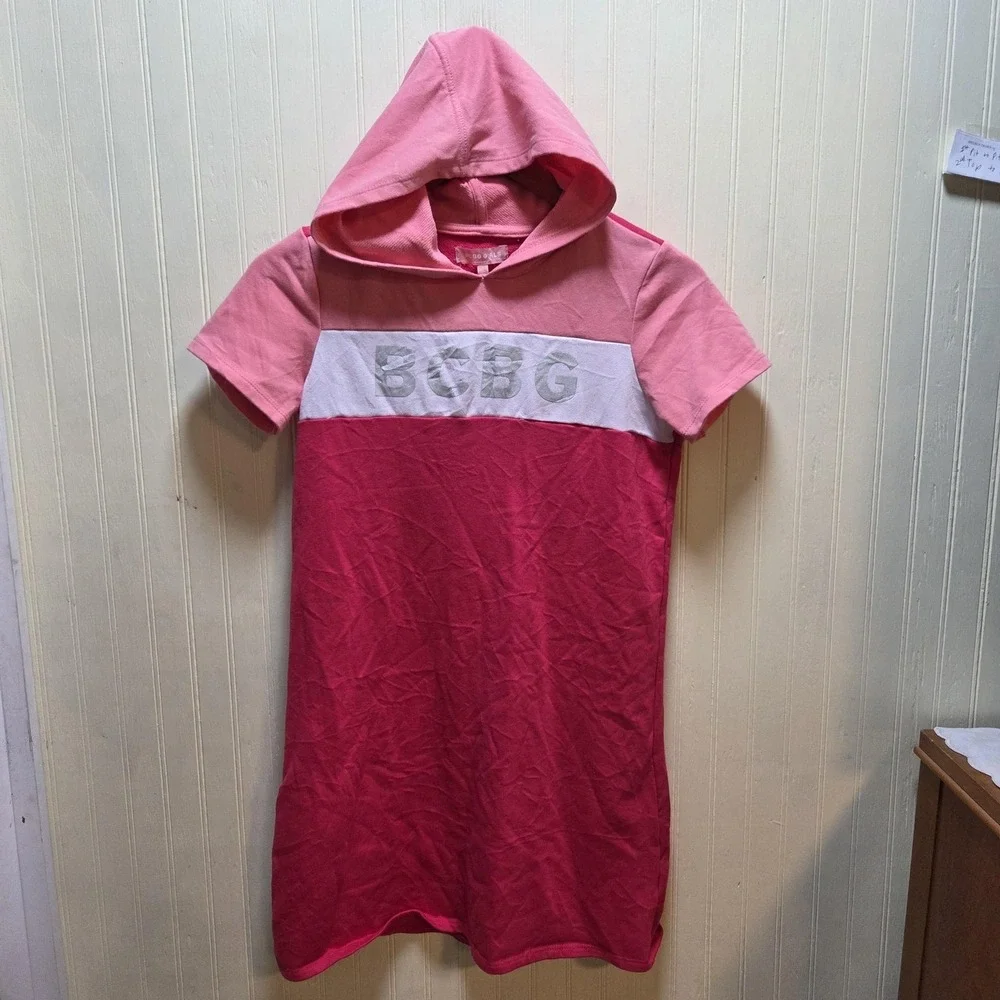 BCBG Girls Dress‎ Girls XL Pink Colorblock Hooded Tee Knee Length French Terry
